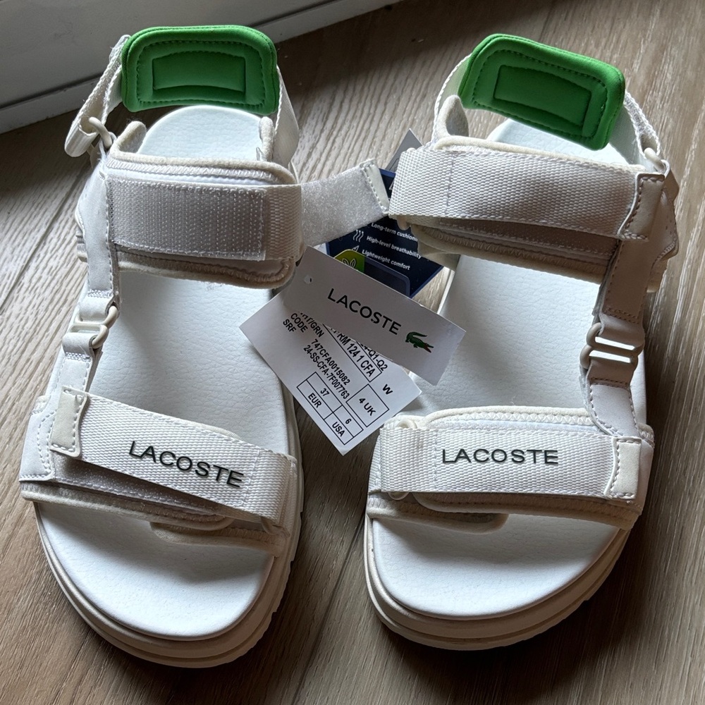 NWT Lacoste White women’s Sandals with Green Heel Accent size 37